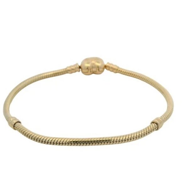 Pandora Solid 14kt Yellow Gold Heart Clasp Charm Snake Bracelet With Stoppers 8" - Picture 5 of 11
